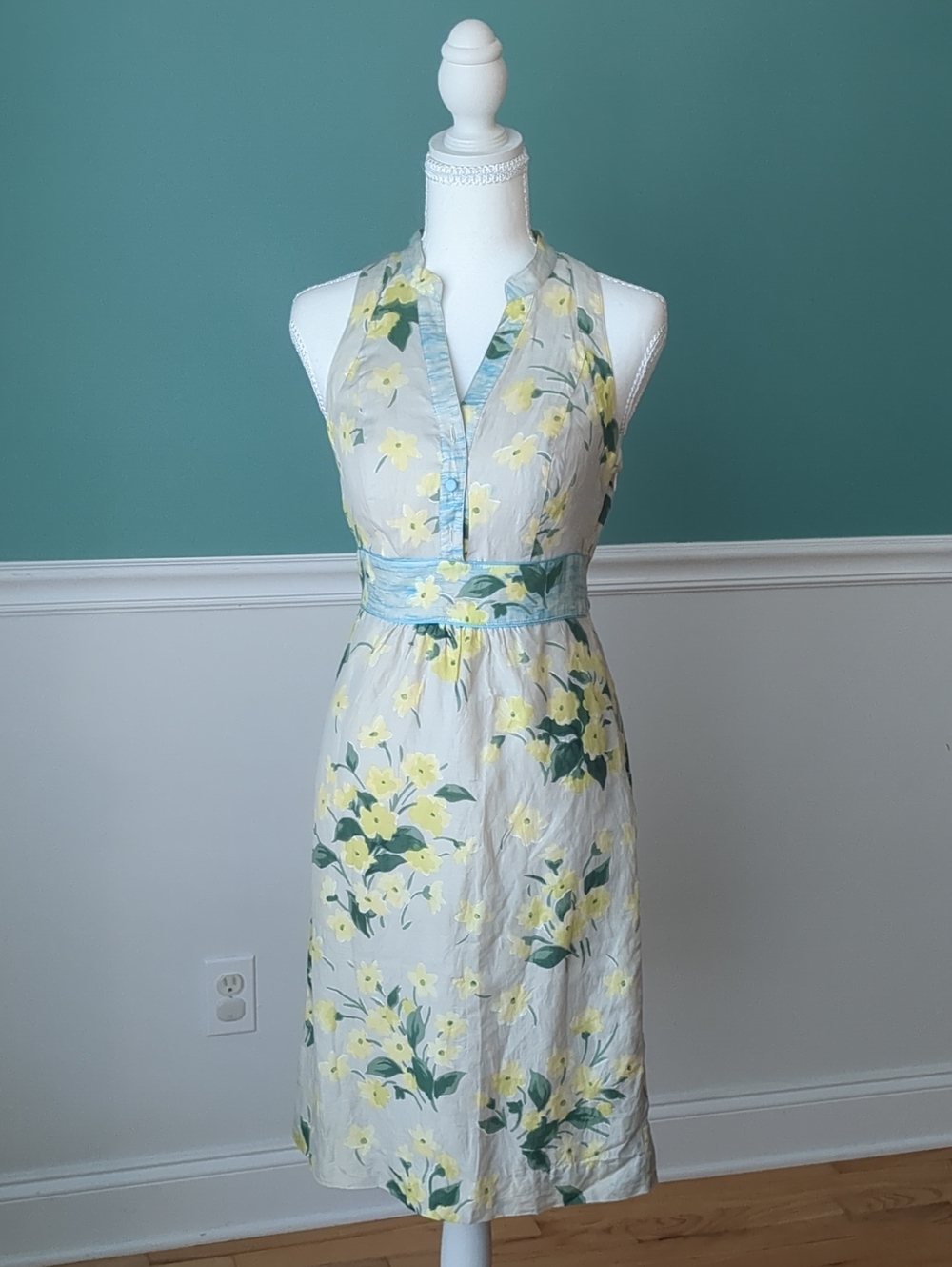 Anthropologie Maeve Dutch Floral Silk Cotton Belted Midi Dress Size 0